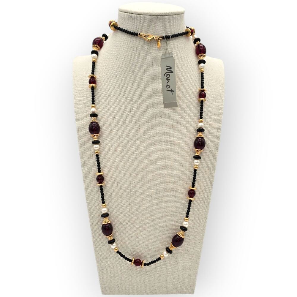 Monet Garnet Red Black Beaded Necklace 24" Faux Pearl Gold - Classic Elegance